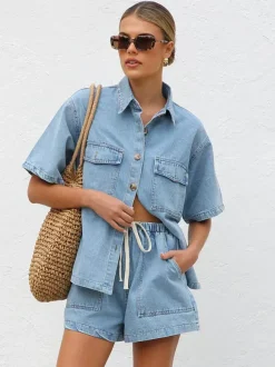 Medium Washed Denim 2 Piece Set For Women - Drawstring Shorts With Button Up Shirt - Summer Casual Vacation Outfits 2026