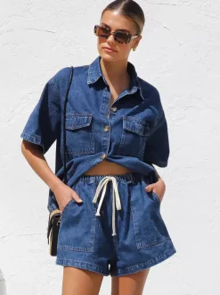 Medium Washed Denim 2 Piece Set For Women - Drawstring Shorts With Button Up Shirt - Summer Casual Vacation Outfits 2026