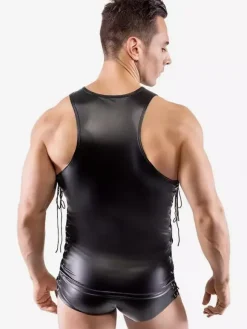 Men Faux Leather Sleeveless Bodysuit Side Lace Up Teddy