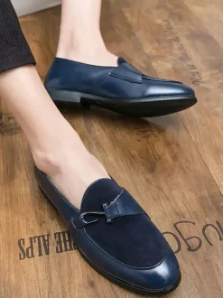 Men Monk Loafer Prom Party Wedding Shoes Slip-On Metal Details Round Toe Blue Loafers Prom Party Wedding Shoes