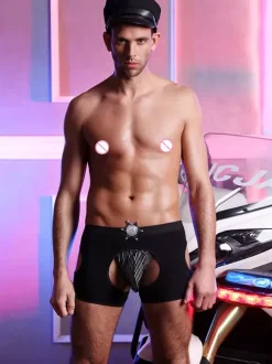 Men Sexy Cop Costume T-back Roleplay Open Crotch Night Club Wear