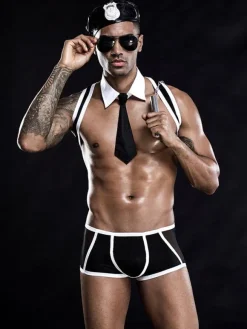 Men Sexy Costume Black Adult Jumpsuit Hat Cravat 3-Piece Set Night Club Wear