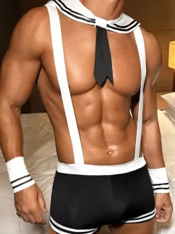 Men Sexy Sailor Uniform Costume Cravat Pants Polyester Two-Tone Night Club Wear
