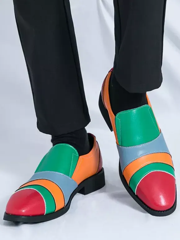 Men Slip On Loafer Color Block Plus Size Leather Slip On Casual Business Low Top Pointed Toe Breathable Party Shoes