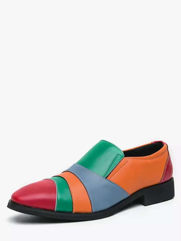 Men Slip On Loafer Color Block Plus Size Leather Slip On Casual Business Low Top Pointed Toe Breathable Party Shoes