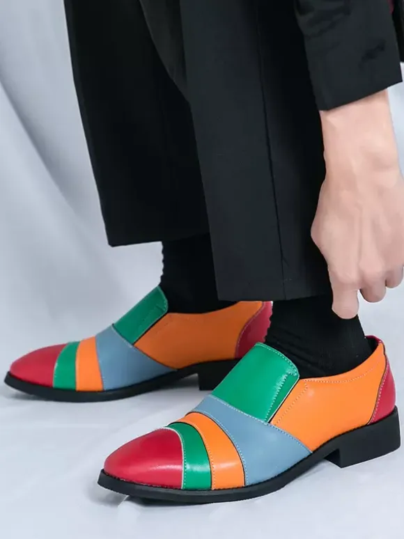 Men Slip On Loafer Color Block Plus Size Leather Slip On Casual Business Low Top Pointed Toe Breathable Party Shoes