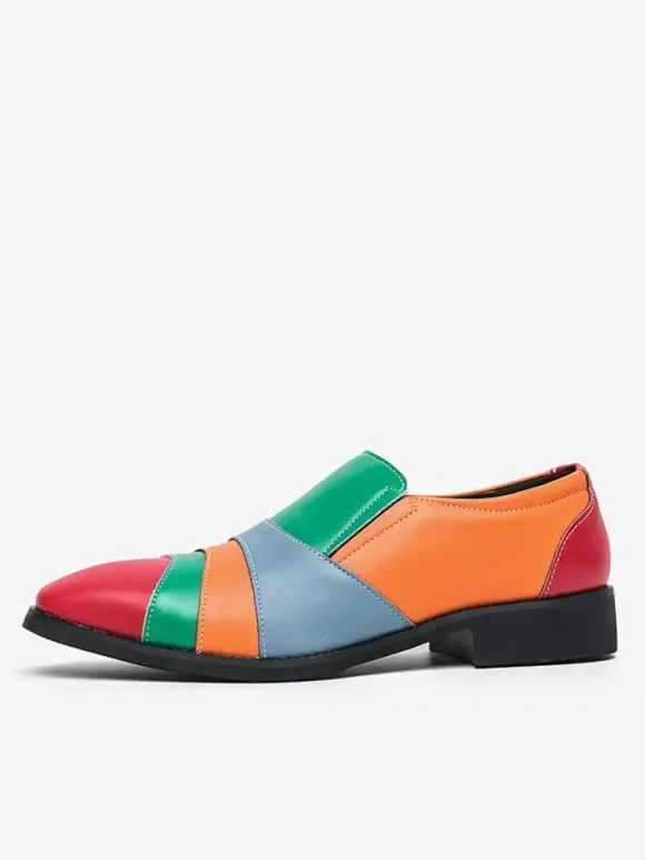 Men Slip On Loafer Color Block Plus Size Leather Slip On Casual Business Low Top Pointed Toe Breathable Party Shoes
