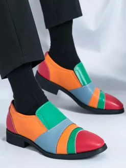 Men Slip On Loafer Color Block Plus Size Leather Slip On Casual Business Low Top Pointed Toe Breathable Party Shoes