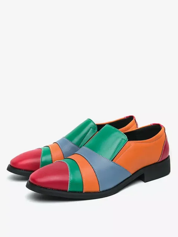 Men Slip On Loafer Color Block Plus Size Leather Slip On Casual Business Low Top Pointed Toe Breathable Party Shoes