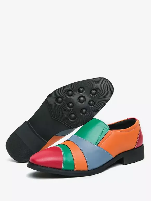 Men Slip On Loafer Color Block Plus Size Leather Slip On Casual Business Low Top Pointed Toe Breathable Party Shoes