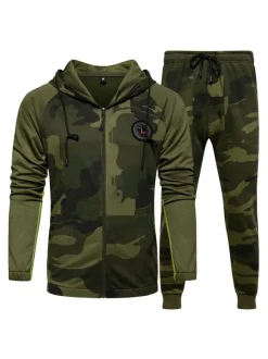 Men Activewear 2-Piece Set Camouflage Long Sleeves Hooded Grey Activewear Outfit