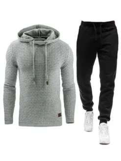 Men Activewear 2-Piece Set Long Sleeves Hooded Light Gray Activewear Outfit