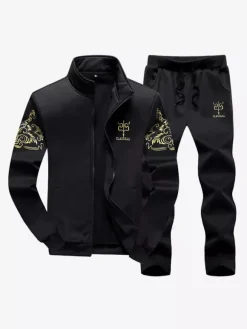 Men Activewear 2-Piece Set Printed Long Sleeves Jewel Neck Dark Navy Activewear Outfit