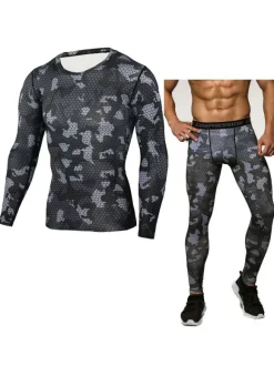 Men Activewear 2-Piece Set Printed Long Sleeves Jewel Neck Hunter Green Activewear Outfit