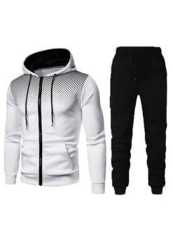 Men Activewear 2-Piece Set Printed Long Sleeves Hooded White Activewear Outfit