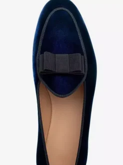 Men Belgian Loafer Party Shoes Velvet Round Toe Bow Slip On Loafers Deep Blue Prom Shoes