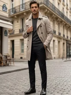 Men Belted Long Sleeve Double Breasted Coats