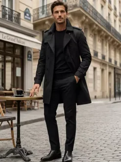 Men Belted Long Sleeve Double Breasted Coats