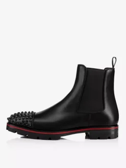 Men Black Cowhide Square Toe Handmade Spikes Punk Style with lug sole Chelsea Ankle Boots