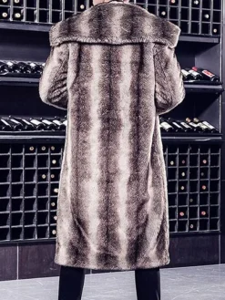 Men Brown Coat Two Tone Turndown Collar Winter Overcoat Longline Faux Fur Coat