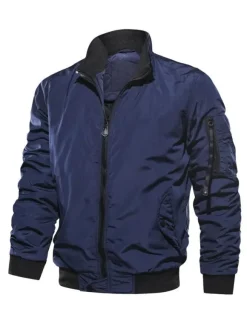 Men Denim Jacket Polyester Modern Stand Collar Long Sleeves Hunter Green Regular Fit Jacket