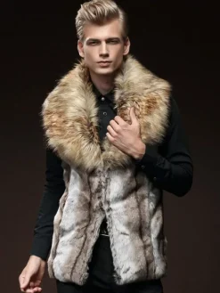 Men Faux Fur Vest Furry Waistcoat Pillow Collar Winter Coat