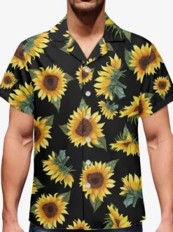 Men Funky Hawaiian Shirts Short Sleeve Summer Vacation Sunflower Printed Beach Casual Hawaii Shirt
