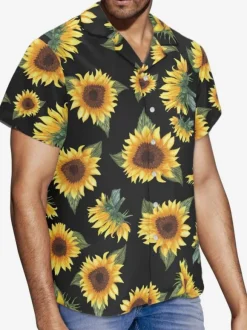 Men Funky Hawaiian Shirts Short Sleeve Summer Vacation Sunflower Printed Beach Casual Hawaii Shirt