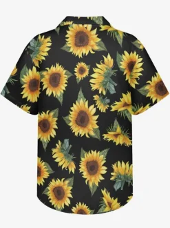 Men Funky Hawaiian Shirts Short Sleeve Summer Vacation Sunflower Printed Beach Casual Hawaii Shirt