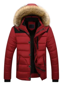 Men Jackets Casual Daily Casual Stand Collar Long Sleeves Fur Hooded Khaki Puffer Coats