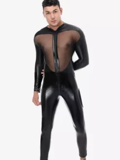 Men Mesh Patch Faux Leather Long Sleeve Catsuit Bodysuit
