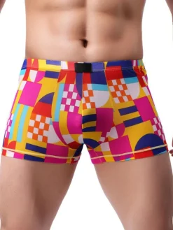 Men Panties Printed Aqua Geometric Lycra Silk Boxer Briefs Lingerie