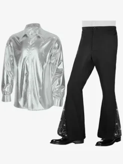 Men's 2 Piece Disco Sets Shiny 70s Vintage Disco Shirt And Sequin Bell Bottom Pants Retro Hippie Disco Style Dude Costume Suits