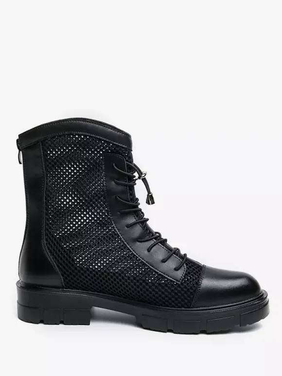 Mens Ankle Boot Patchwork Mesh Platform Cutout Lace Up Combat Boots