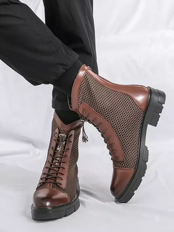 Mens Ankle Boot Patchwork Mesh Platform Cutout Lace Up Combat Boots