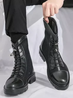 Mens Ankle Boot Patchwork Mesh Platform Cutout Lace Up Combat Boots