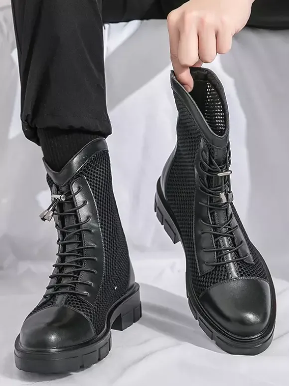 Mens Ankle Boot Patchwork Mesh Platform Cutout Lace Up Combat Boots