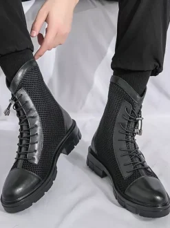 Mens Ankle Boot Patchwork Mesh Platform Cutout Lace Up Combat Boots