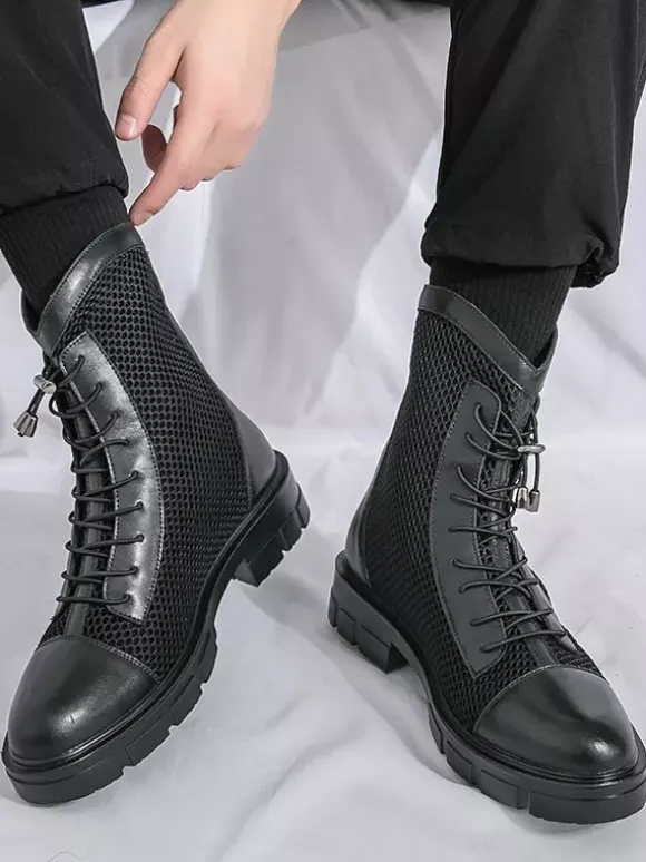 Mens Ankle Boot Patchwork Mesh Platform Cutout Lace Up Combat Boots