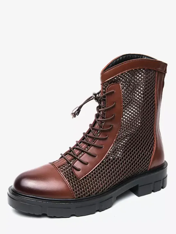Mens Ankle Boot Patchwork Mesh Platform Cutout Lace Up Combat Boots