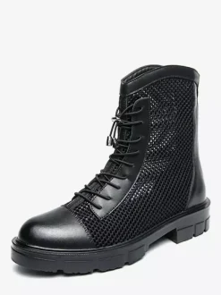 Mens Ankle Boot Patchwork Mesh Platform Cutout Lace Up Combat Boots