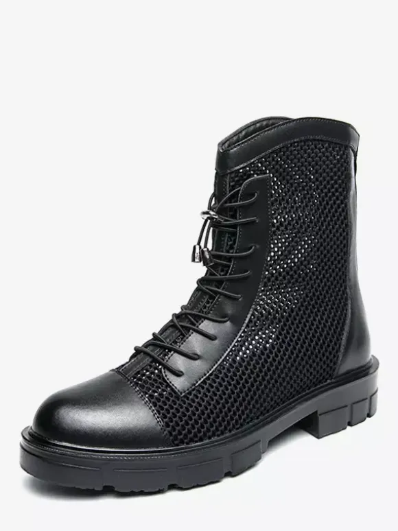 Mens Ankle Boot Patchwork Mesh Platform Cutout Lace Up Combat Boots