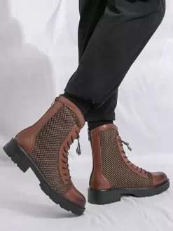 Mens Ankle Boot Patchwork Mesh Platform Cutout Lace Up Combat Boots
