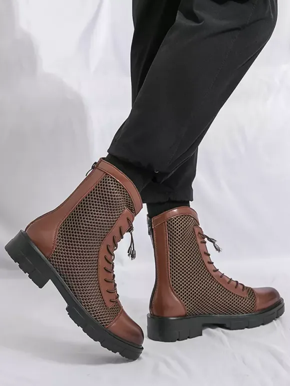 Mens Ankle Boot Patchwork Mesh Platform Cutout Lace Up Combat Boots