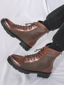 Mens Ankle Boot Patchwork Mesh Platform Cutout Lace Up Combat Boots