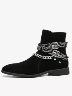 Men's Ankle Boots Chelsea Black Boots Buckle Suede Leather Chains Motorcycle Boots