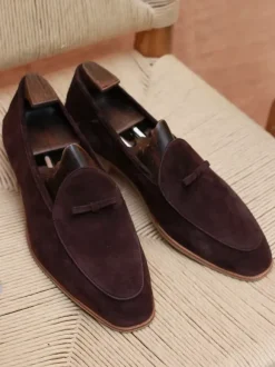 Men's Belgian Loafers Suede Round Toe Leather Slip On Retro Penny Causal Shoes