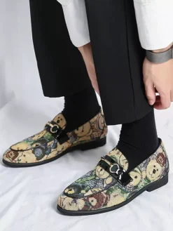 Mens Bit Loafers Slip-On Low Heels Round Toe Animal Print Moccasins Shoes