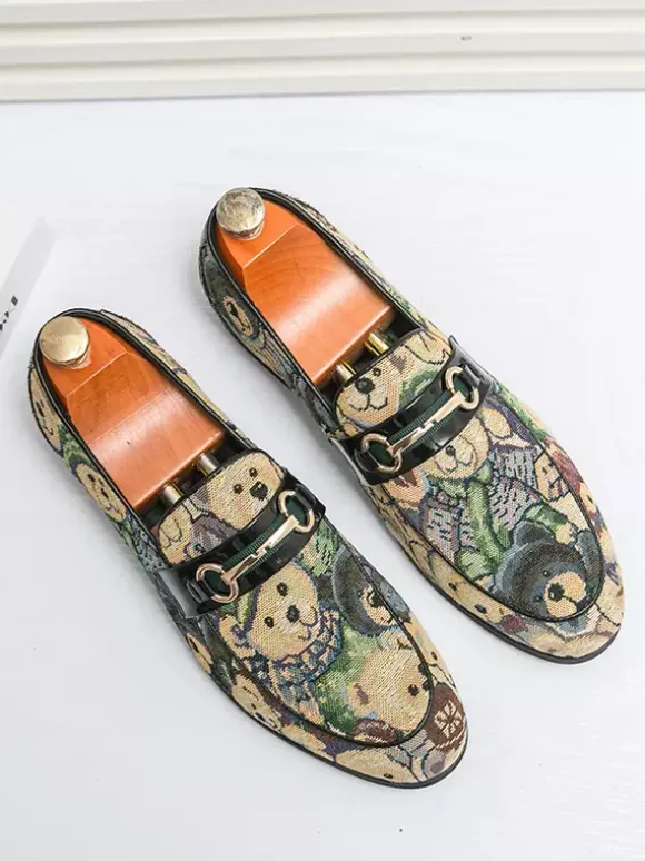 Mens Bit Loafers Slip-On Low Heels Round Toe Animal Print Moccasins Shoes