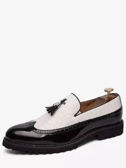 Mens Black And White Wingtip Tassel Loafers Slip-On Formal Prom Homecoming Party Shoes